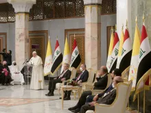 Pope Francis gives his address at the Presidential Palace in Baghdad March 5, 2021. Photo credits: Vatican Media.