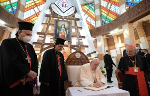 Pope Francis at the Cathedral of Our Lady of Salvation in Baghdad, Iraq, March 5, 2021. Photo credits: Vatican Media.