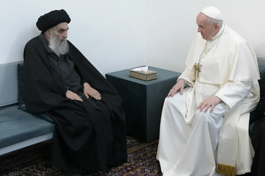 Pope Francis meets Grand Ayatollah Ali al-Sistani in Najaf, Iraq, March 6, 2021. Credit: Vatican Media.?w=200&h=150
