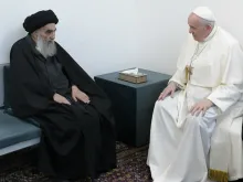Pope Francis meets Grand Ayatollah Ali al-Sistani in Najaf, Iraq, March 6, 2021. Credit: Vatican Media.