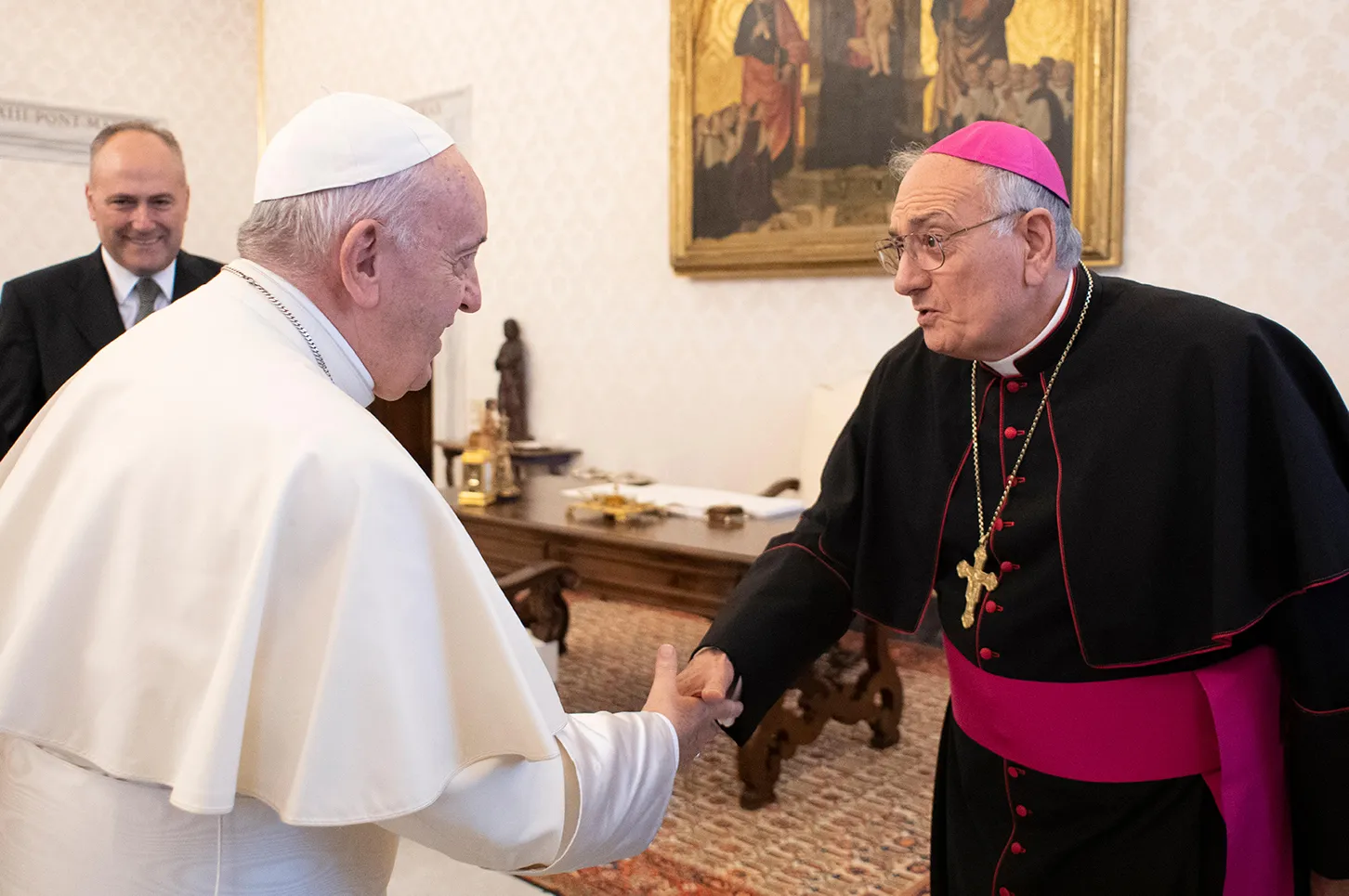 Pope Francis greets Bishop Nicholas DiMarzio of Brooklyn at the Vatican during the USCCB's Region II ad limina, Nov. 15, 2019. ?w=200&h=150