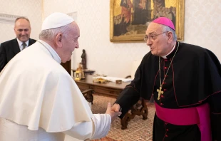 Pope Francis greets Bishop Nicholas DiMarzio of Brooklyn at the Vatican during the USCCB’s Region II ad limina visit on Nov. 15, 2019. Credit: Vatican Media