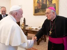 Pope Francis greets Bishop Nicholas DiMarzio of Brooklyn at the Vatican during the USCCB's Region II ad limina, Nov. 15, 2019. 