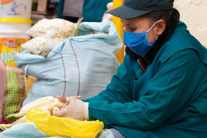 COVID A market seller in Cusco Peru Credit Lidiya Ribakova  Shutterstock