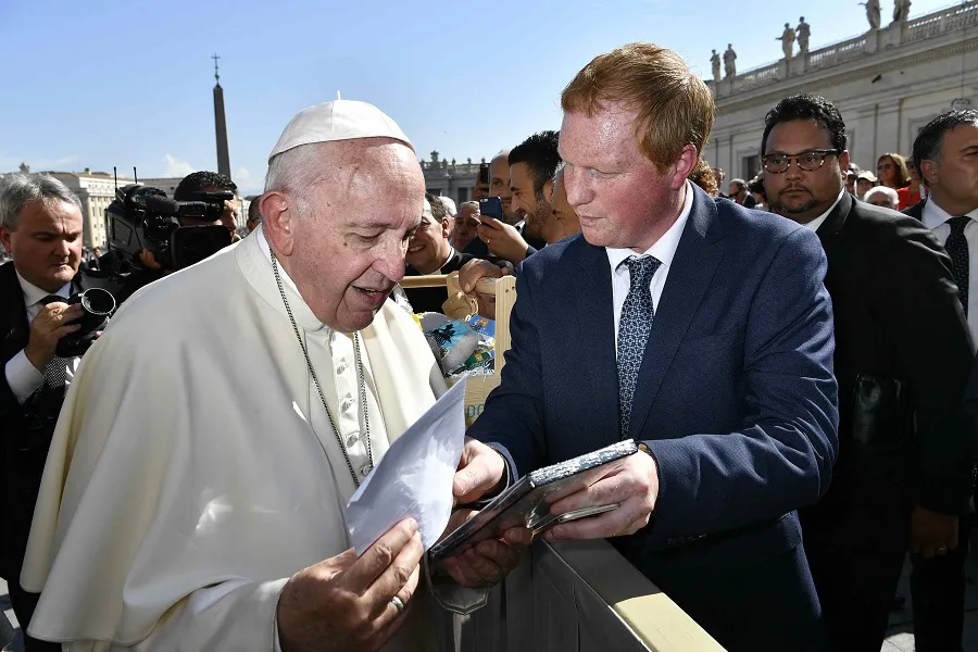 Campbell Miller presents a copy of "Bravery Under Fire" to Pope Francis Oct. 10, 2018. ?w=200&h=150