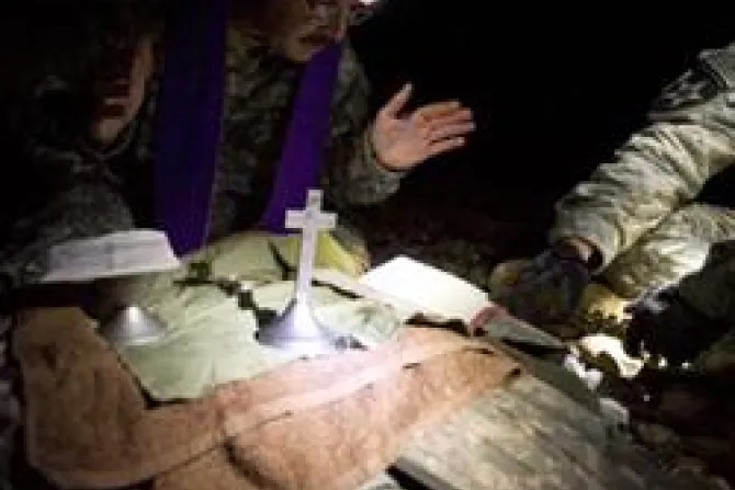 Capt Carl Subler chaplain 5th Stryker Brig Combat Team 2nd Inf Div celebrates Mass for Soldiers from 4th Bat 23rd Inf Reg CNA US Catholic News 8 24 11