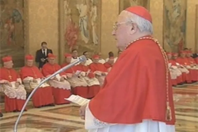 Cardinal Angelo Sodano addresses the Consitory of Cardinals Feb 11 2013 where Pope Benedict announced his retirement Credit CTV CNA Vatican Catholic News 2 11 13