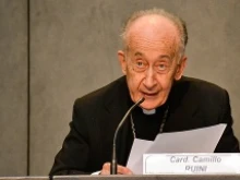 Cardinal Camillo Ruini, vicar general emeritus of the Diocese of Rome, speaks at the press conference on the Ratzinger Prize, June 17, 2014. 