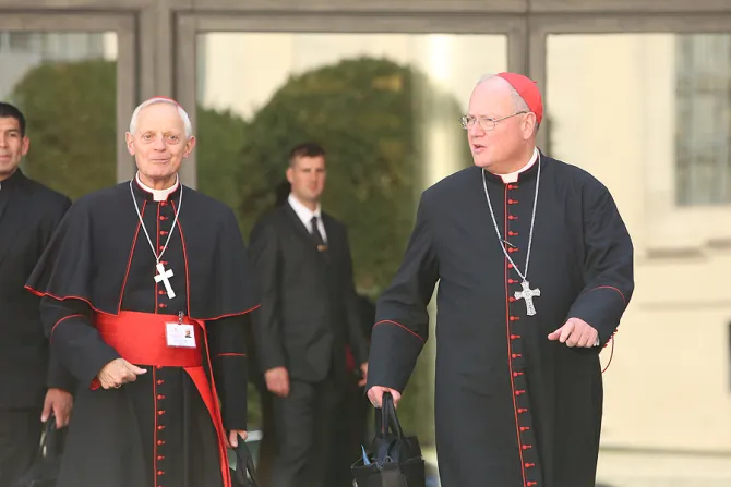 Cardinal Donald Wuerl L and Cardinal Timothy Dolan leave the Vaticans Synod Hall on Oct 10 2014 Credit Daniel Ib  ez CNA CNA 10 10 14