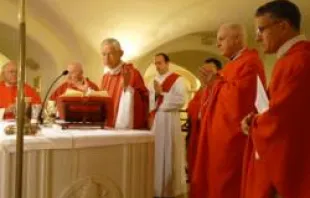 Cardinal Donald W. Wuerl (center) celebrates Mass with Cardinal-designate Edwin O'Brien and Archbishop Timothy Broglio to his left at tomb of St. Peter on Jan. 16, 2012 