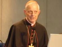 Cardinal Donald Wuerl of Washington DC speaks during a press conference in the Vatican Press Office