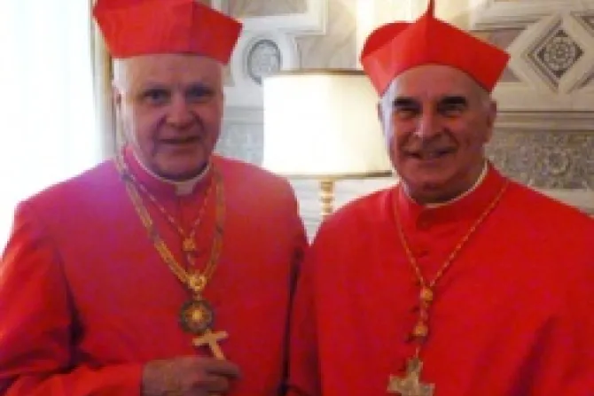 Cardinal Edwin F OBrien meets Cardinal Keith P OBrien for the first time on Feb 19 2012 CNA Vatican Catholic News 2 21 12