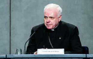 Cardinal Edwin O'Brien, Grand Master of the Equestrian Order of the Holy Sepulchre, speaks at a Holy See press conference, Nov. 7, 2018.   Daniel Ibanez/CNA.