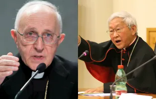 Cardinal Fernando Filoni, prefect of Propaganda Fide (L).   Daniel Ibanez/CNA. Cardinal Joseph Zen, Bishop Emeritus of Hong Kong (R). Credit: Bohumil Petrik/CNA. 