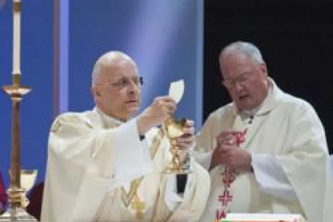 Cardinal Francis Geroge and  Archbishop Timothy Dolan celebrate Mass at the Love and Life Centre on Saturday morning CNA340x269 US Catholic News 8 20 11