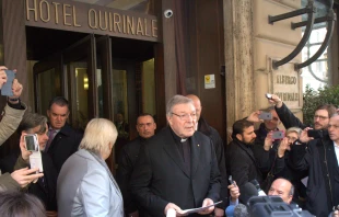 Cardinal George Pell, prefect of the economy secretariat, speaks to reporters outside Rome's Hotel Quirinale after meeting with sex abuse survivors, March 3, 2016.   Alexey Gotovskiy/CNA.