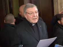 Cardinal George Pell, prefect of the Secretariat for the Economy, departs Rome's Hotel Quirinale, where he attended a hearing on sex abuse responses, March 3, 2016. 