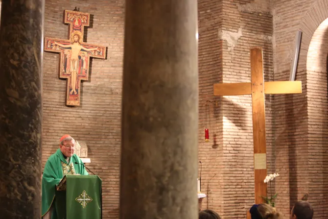 Cardinal George Pell celebrates Mass at the St Lorenzo Youth Centre in Rome Jan 30 2015 Credit Bohumil Petrik CNA 4 CNA 2 3 15