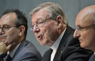 Cardinal George Pell, prefect of the newly-established Secretariat for the Economy, speaks at the Vatican press office, July, 9, 2014.   Daniel Ibanez/CNA.