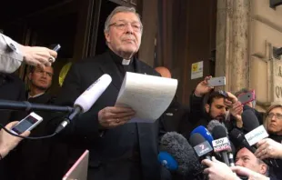 Cardinal George Pell, prefect of the economy secretariat, speaks to reporters outside Rome's Hotel Quirinale after meeting with sex abuse survivors, March 3, 2016.   Alexey Gotovskiy/CNA.