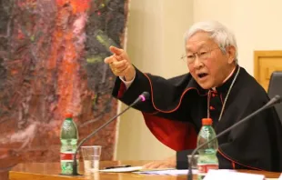 Cardinal Joseph Zen Ze-kiun, Bishop Emeritus of Hong Kong, speaks at the Pontifical Urban University in Rome, Nov. 18, 2014. Bohumil Petrik/CNA.