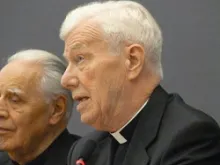 Cardinal Karl Josef Becker speaks during a book launch at the Gregorian University in Rome, Nov. 30, 2012. 