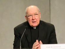 Cardinal Kevin Farrell, prefect of the Dicastery for the Laity, Family and Life, speaks at a press conference at the Holy See Press Office, Jan. 25, 2018. 
