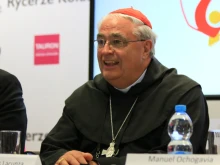 Cardinal José Luis Lacunza Maestrojuán of David speaks at a press conference in Krakow, July 31, 2016. 