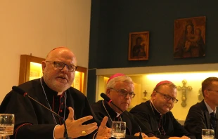 Cardinal Reinhard Marx of Munich and Freising (L) speaks at a press conference held by German bishops at the Teutonic College, Oct. 5, 2015.   Bohumil Petrik/CNA.