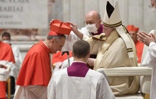 Cardinal Mauro Gambetti, O.F.M. Conv. receives the red hat from Pope Francis on Nov. 28, 2020. Credit: Vatican Media