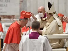 Cardinal Mauro Gambetti, O.F.M. Conv. receives the red hat from Pope Francis on Nov. 28, 2020. Credit: Vatican Media