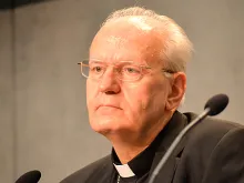 Cardinal Peter Erdo of Esztergom-Budapest and general rapporteur of the Synod of Bishops, speaks at a June 26, 2014 press conference at the Vatican. 