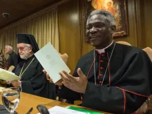 Cardinal Peter Turkson, president of the Pontifical Council for Justice and Peace, speaks at a press conference on Laudato si' at the Vatican, June 18, 2015. 