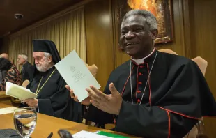 Cardinal Peter Turkson, president of the Pontifical Council for Justice and Peace, speaks at a press conference on Laudato si' at the Vatican, June 18, 2015.   L'Osservatore Romano.