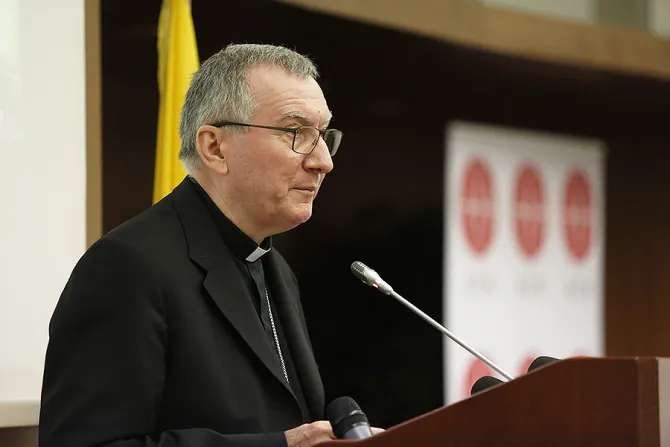Cardinal Pietro Parolin at an Aid to the Church in Need press conference in Rome Italy on Sept 28 2017 Credit Daniel Ibanez CNA