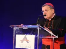Cardinal Raymond Burke, prefect of the Apostolic Signatura, speaks at the ADF Media Conference in Rome, March 24, 2014. 