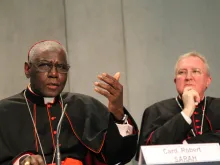 Robert Cardinal Sarah (L) and Archbishop Arthur Roche at a press conference at the Holy See Press Office, Feb. 10, 2015.
