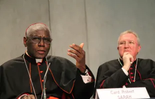 Robert Cardinal Sarah (L) and Archbishop Arthur Roche at a press conference at the Holy See Press Office, Feb. 10, 2015. Bohumil Petrik/CNA.
