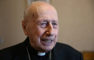 Cardinal Roger Etchegaray speaks with CNA in Rome on Oct. 17, 2014. Daniel Ibanez/CNA.