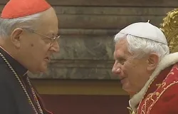 Cardinal Angelo Sodano greets Pope Benedict XVI in the Clementine Hall on Feb. 28, 2013. ?w=200&h=150