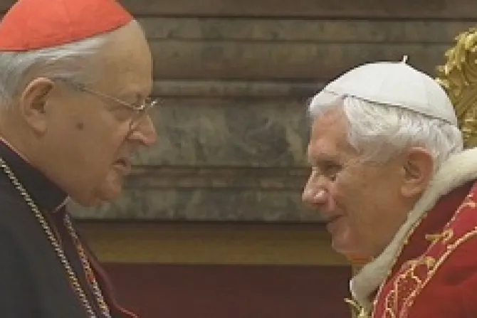 Cardinal Sodano greets Pope Benedict XVI in the Clementine Hall on Feb 28 2013 Credit CTVCNA