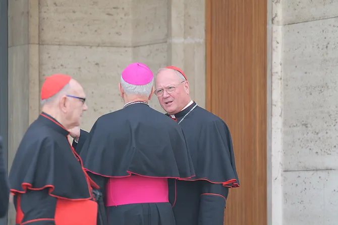 Cardinal Timothy Dolan R speaks with Archbishop Jospeh Kurtz C outside the Vaticans Synod Hall on Oct 13 2014 Credit Bohumil Petrik CNA CNA 10 13 14
