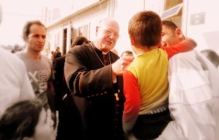 Cardinal Timothy Dolan of New York visits a displacement center in Dawodiya, Iraq on April 10, 2016.   Elise Harris/CNA.