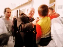 Cardinal Timothy Dolan of New York visits a displacement center in Dawodiya, Iraq on April 10, 2016. 