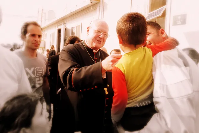 Cardinal Timothy Dolan of New York visits a displacement center in Dawodiya Iraq on April 10 2016 Credit Elise Harris CNA