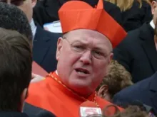 Cardinal Timothy Dolan speaks to the press at the North American College in Rome.