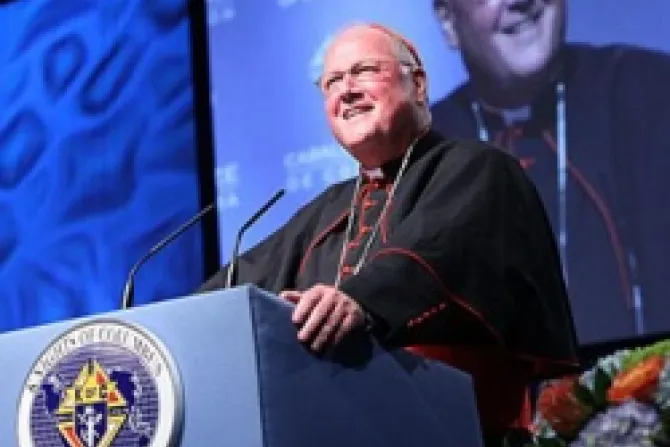 Cardinal Timothy M Dolan of New York smiles during his keynote address Credit Knights of Columbus CNA US Catholic News 8 8 12