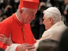 Cardinal Vincent Nichols of Westminster is greeted by Benedict XVI at the consistory held Feb. 22, 2014. 
