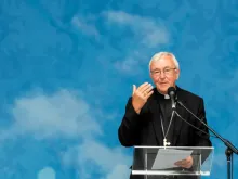 Cardinal Vincent Nichols of Westminster delivers a keynote address at the World Meeting of Families in Dublin, Aug. 23, 2018. 