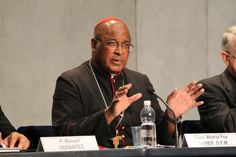 Cardinal Wilfrid Napier, O.F.M., of Durban, speaks at the Holy See press office Oct. 14, 2014. ?w=200&h=150